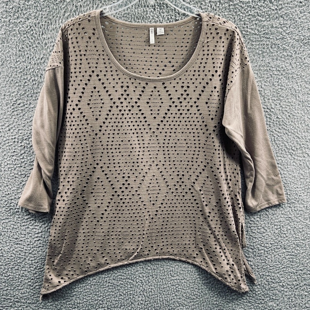 Womens Geometric Laser Cut Knit Top M Taupe‎ Hi Low Hem Artsy Casual Lagenlook